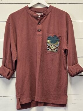 Upcycled RedHead Men's Rust Long-Sleeve Henley with French Fry Chest Pocket